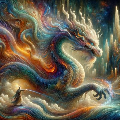 The primary subject of the image is a large, colorful dragon. The dragon is surrounded by a vibrant and lively environment, with a mix of colors and patterns. The setting includes a water surface, possibly a lake or a river, and a sky background. The visual style of the image is a combination of digital art and illustration, creating a unique and captivating scene. The overall atmosphere of the image is energetic and imaginative, with the dragon as the central focus and the surrounding elements contrib